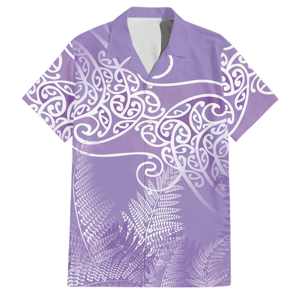 Aotearoa Maori Koru Curves Family Matching Long Sleeve Bodycon Dress and Hawaiian Shirt Silver Ferns - Amethyst LT7 Dad's Shirt - Short Sleeve Purple - Polynesian Pride