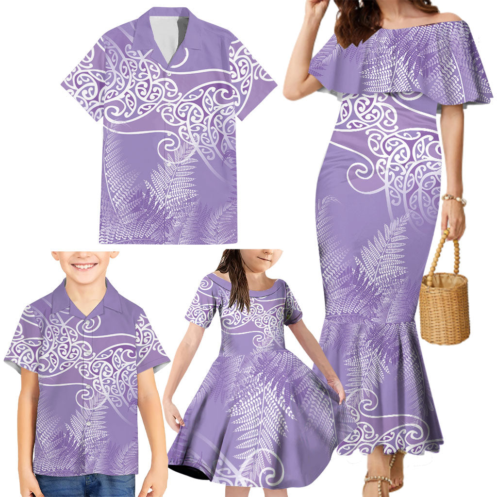Aotearoa Maori Koru Curves Family Matching Mermaid Dress and Hawaiian Shirt Silver Ferns - Amethyst