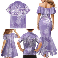 Aotearoa Maori Koru Curves Family Matching Mermaid Dress and Hawaiian Shirt Silver Ferns - Amethyst LT7 - Polynesian Pride