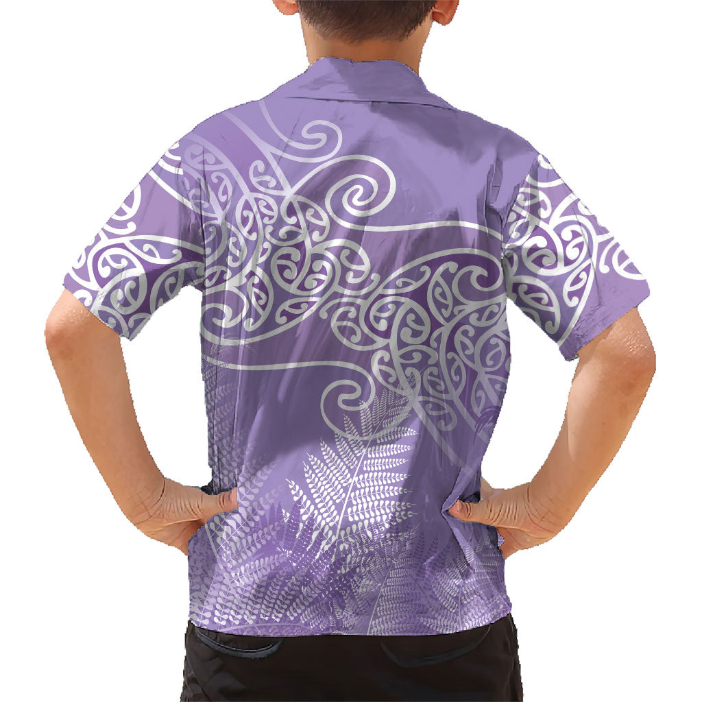 Aotearoa Maori Koru Curves Family Matching Off The Shoulder Long Sleeve Dress and Hawaiian Shirt Silver Ferns - Amethyst LT7 - Polynesian Pride