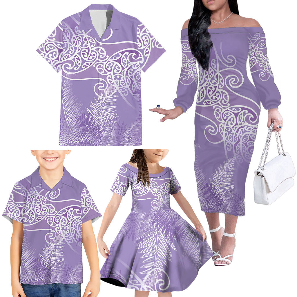 Aotearoa Maori Koru Curves Family Matching Off The Shoulder Long Sleeve Dress and Hawaiian Shirt Silver Ferns - Amethyst LT7 - Polynesian Pride