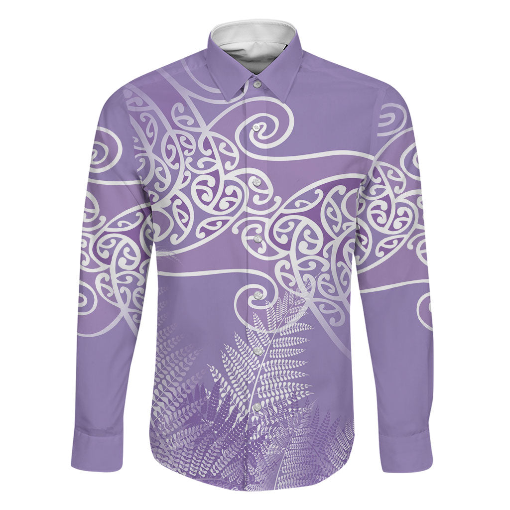 Aotearoa Maori Koru Curves Family Matching Off The Shoulder Long Sleeve Dress and Hawaiian Shirt Silver Ferns - Amethyst LT7 Dad's Shirt - Long Sleeve Purple - Polynesian Pride