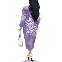 Aotearoa Maori Koru Curves Family Matching Off The Shoulder Long Sleeve Dress and Hawaiian Shirt Silver Ferns - Amethyst LT7 - Polynesian Pride