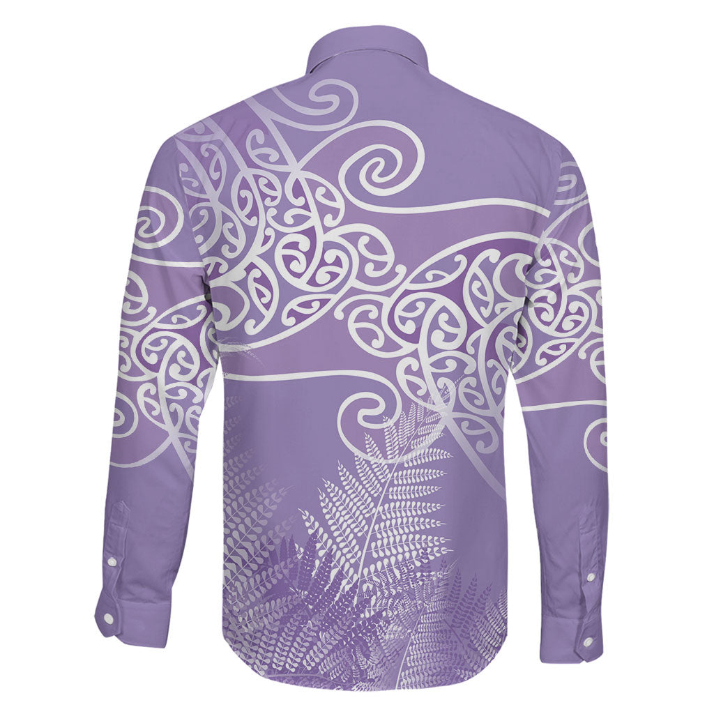 Aotearoa Maori Koru Curves Family Matching Off Shoulder Maxi Dress and Hawaiian Shirt Silver Ferns - Amethyst LT7 - Polynesian Pride