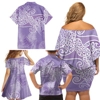 Aotearoa Maori Koru Curves Family Matching Off Shoulder Short Dress and Hawaiian Shirt Silver Ferns - Amethyst LT7 - Polynesian Pride