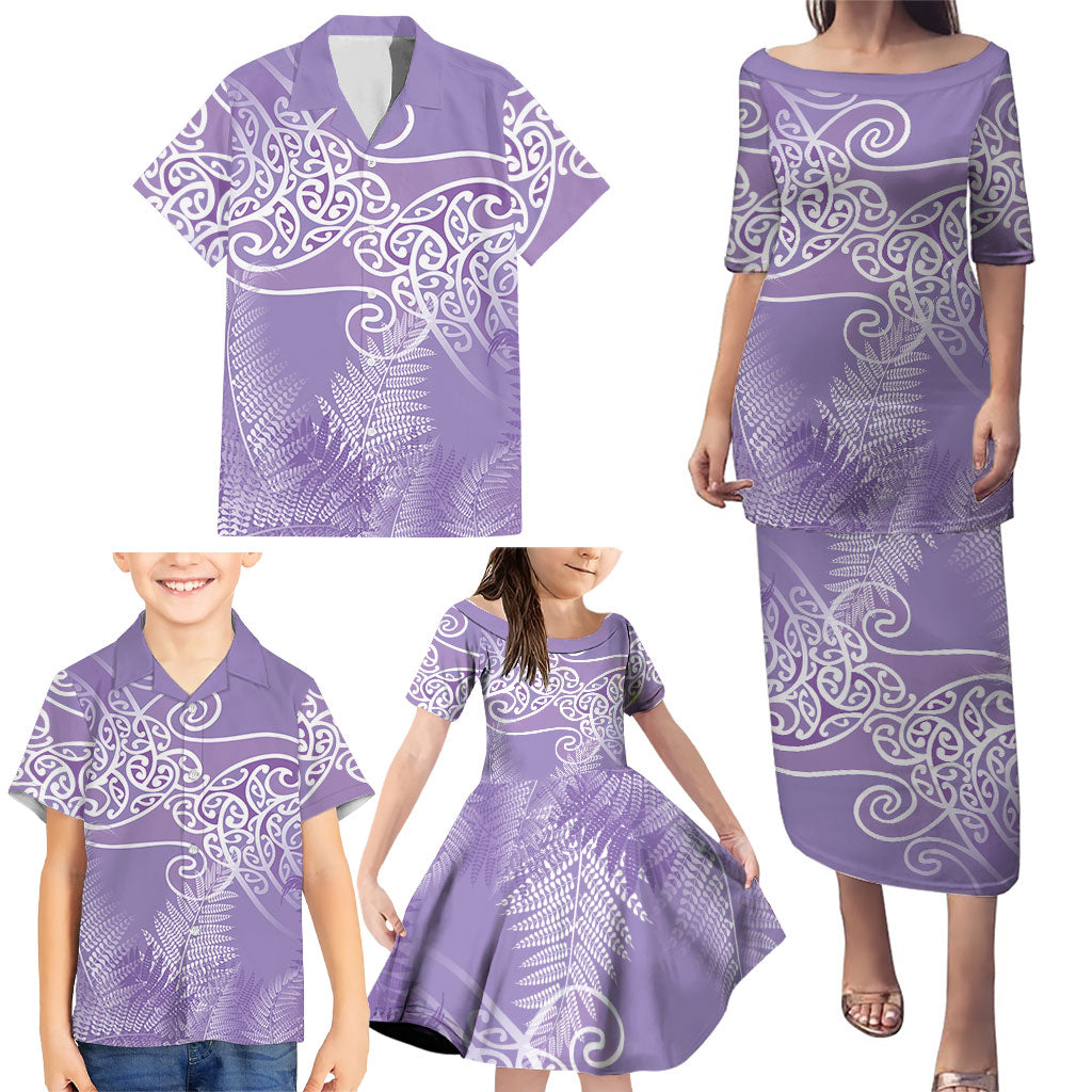 Aotearoa Maori Koru Curves Family Matching Puletasi and Hawaiian Shirt Silver Ferns - Amethyst LT7 - Polynesian Pride