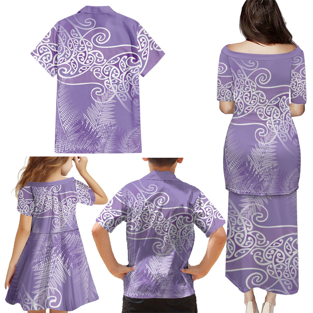 Aotearoa Maori Koru Curves Family Matching Puletasi and Hawaiian Shirt Silver Ferns - Amethyst LT7 - Polynesian Pride