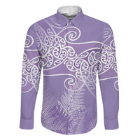 Aotearoa Maori Koru Curves Family Matching Puletasi and Hawaiian Shirt Silver Ferns - Amethyst LT7 Dad's Shirt - Long Sleeve Purple - Polynesian Pride