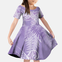 Aotearoa Maori Koru Curves Family Matching Short Sleeve Bodycon Dress and Hawaiian Shirt Silver Ferns - Amethyst LT7 Daughter's Dress Purple - Polynesian Pride