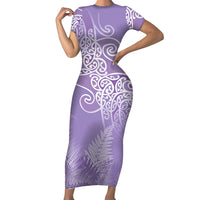 Aotearoa Maori Koru Curves Family Matching Short Sleeve Bodycon Dress and Hawaiian Shirt Silver Ferns - Amethyst LT7 Mom's Dress Purple - Polynesian Pride