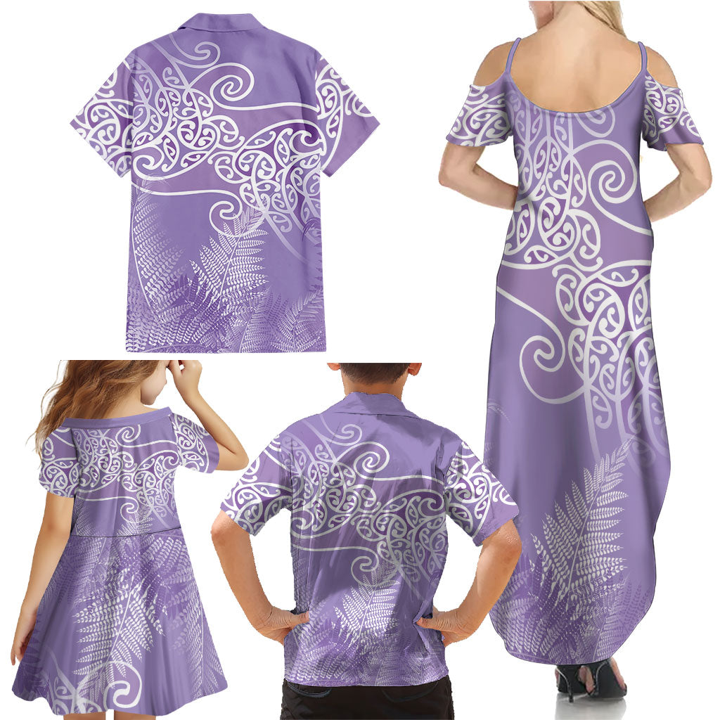 Aotearoa Maori Koru Curves Family Matching Summer Maxi Dress and Hawaiian Shirt Silver Ferns - Amethyst LT7 - Polynesian Pride