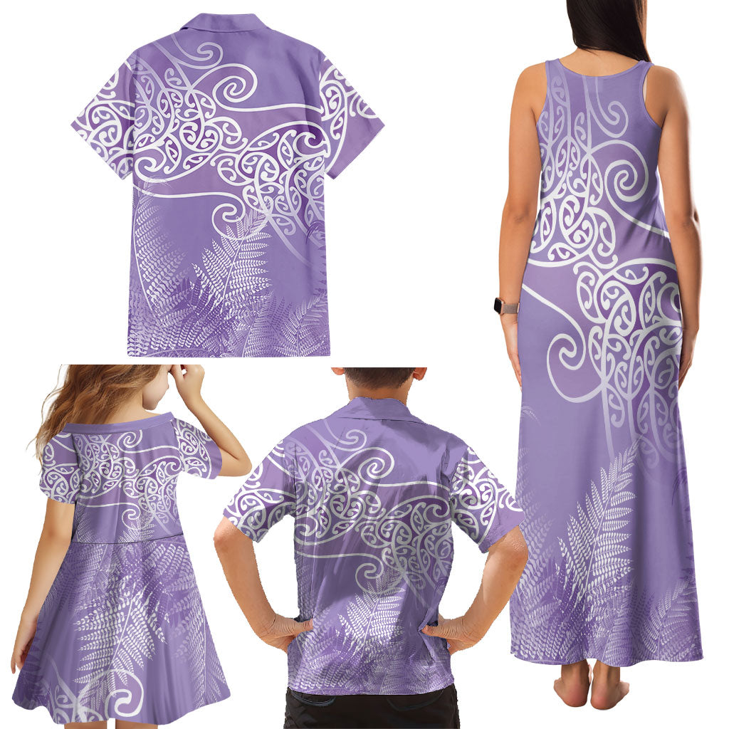 Aotearoa Maori Koru Curves Family Matching Tank Maxi Dress and Hawaiian Shirt Silver Ferns - Amethyst LT7 - Polynesian Pride