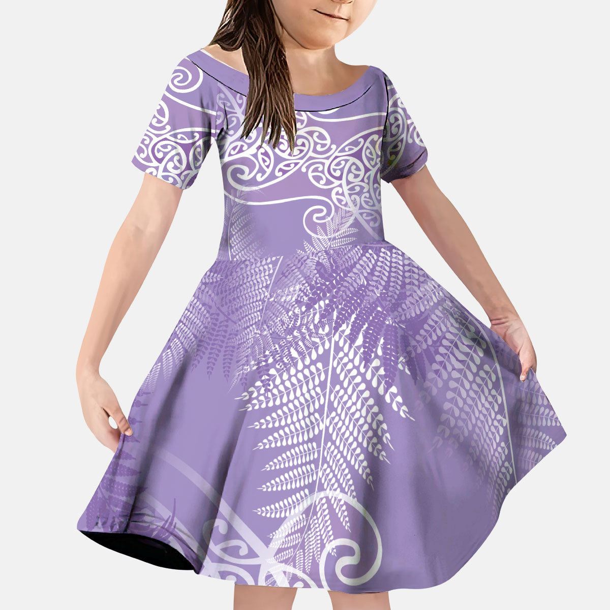 Aotearoa Maori Koru Curves Kid Short Sleeve Dress Silver Ferns - Amethyst
