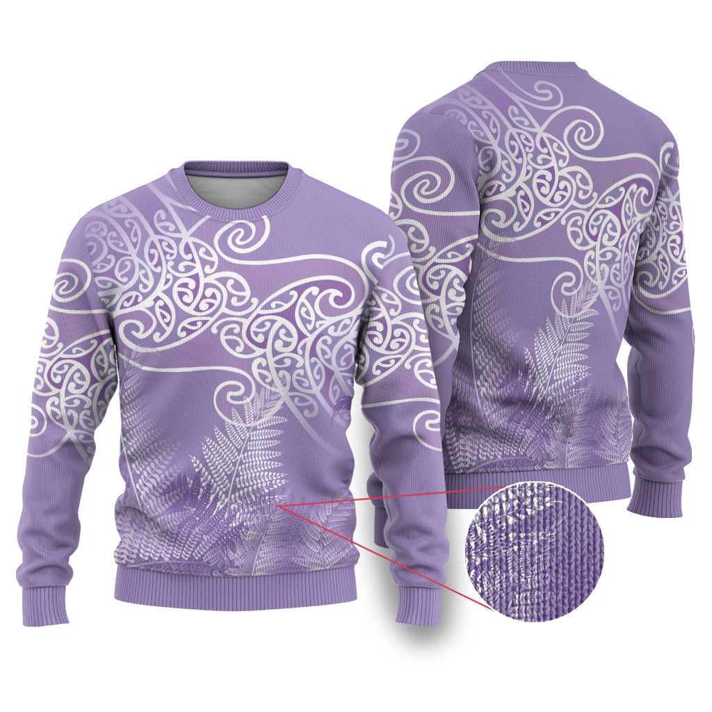 Aotearoa Maori Koru Curves Ugly Christmas Sweater Silver Ferns - Amethyst LT7 Purple - Polynesian Pride