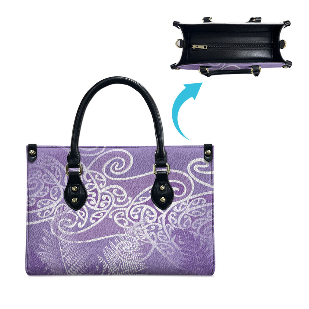 Aotearoa Maori Koru Curves Leather Bag Silver Ferns - Amethyst