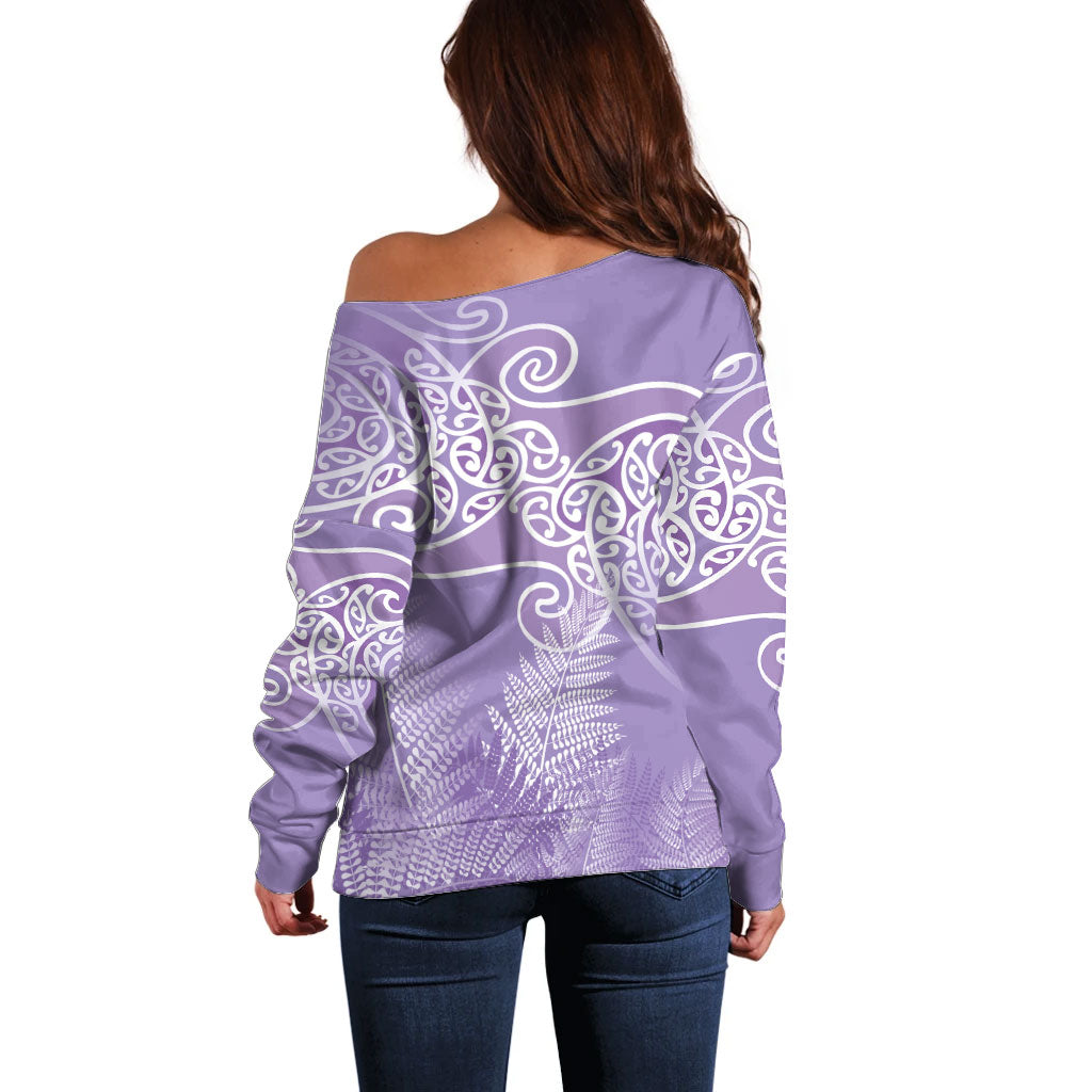 Aotearoa Maori Koru Curves Off Shoulder Sweater Silver Ferns - Amethyst
