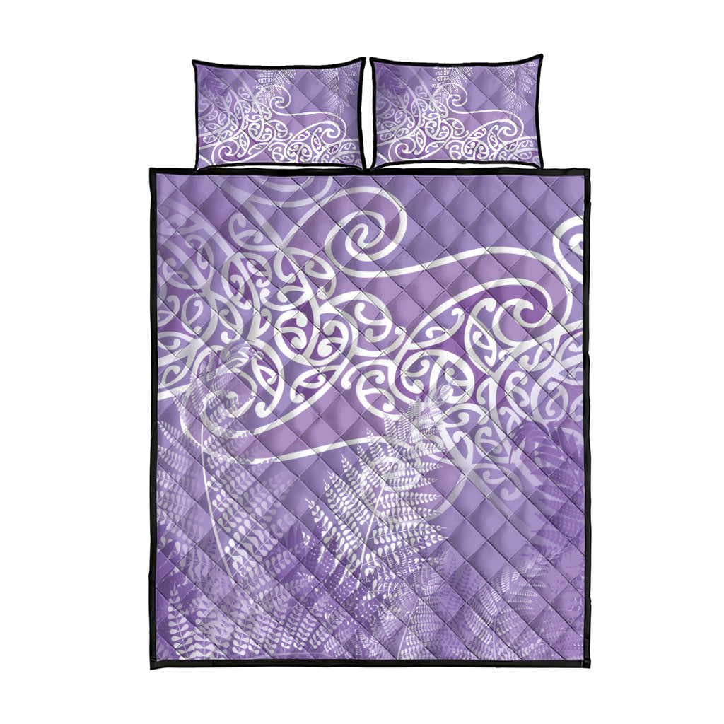 Aotearoa Maori Koru Curves Quilt Bed Set Silver Ferns - Amethyst