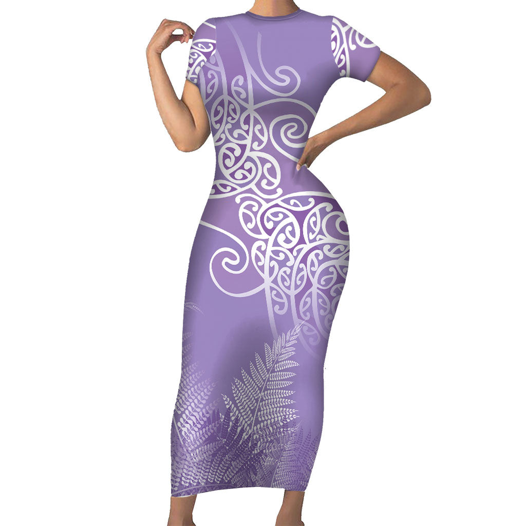 Aotearoa Maori Koru Curves Short Sleeve Bodycon Dress Silver Ferns - Amethyst