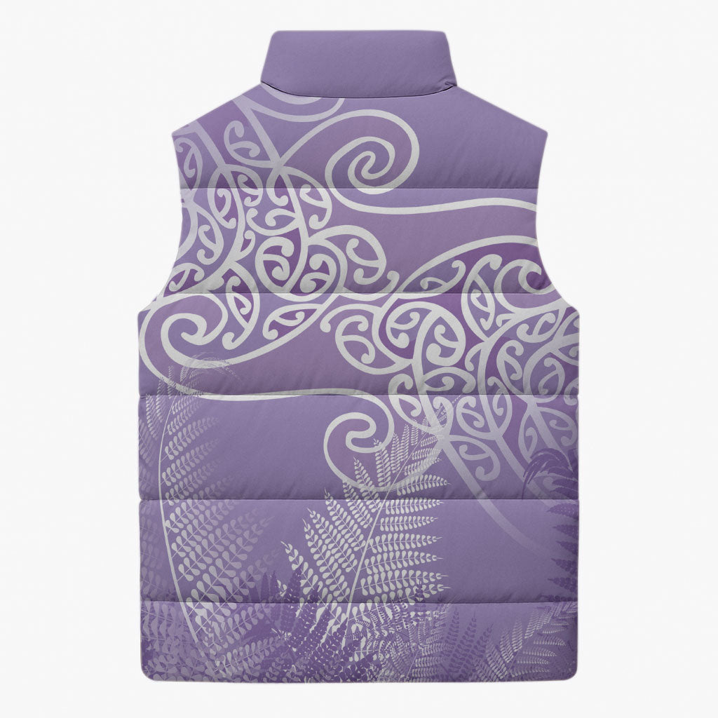Aotearoa Maori Koru Curves Sleeveless Puffer Jacket Silver Ferns - Amethyst