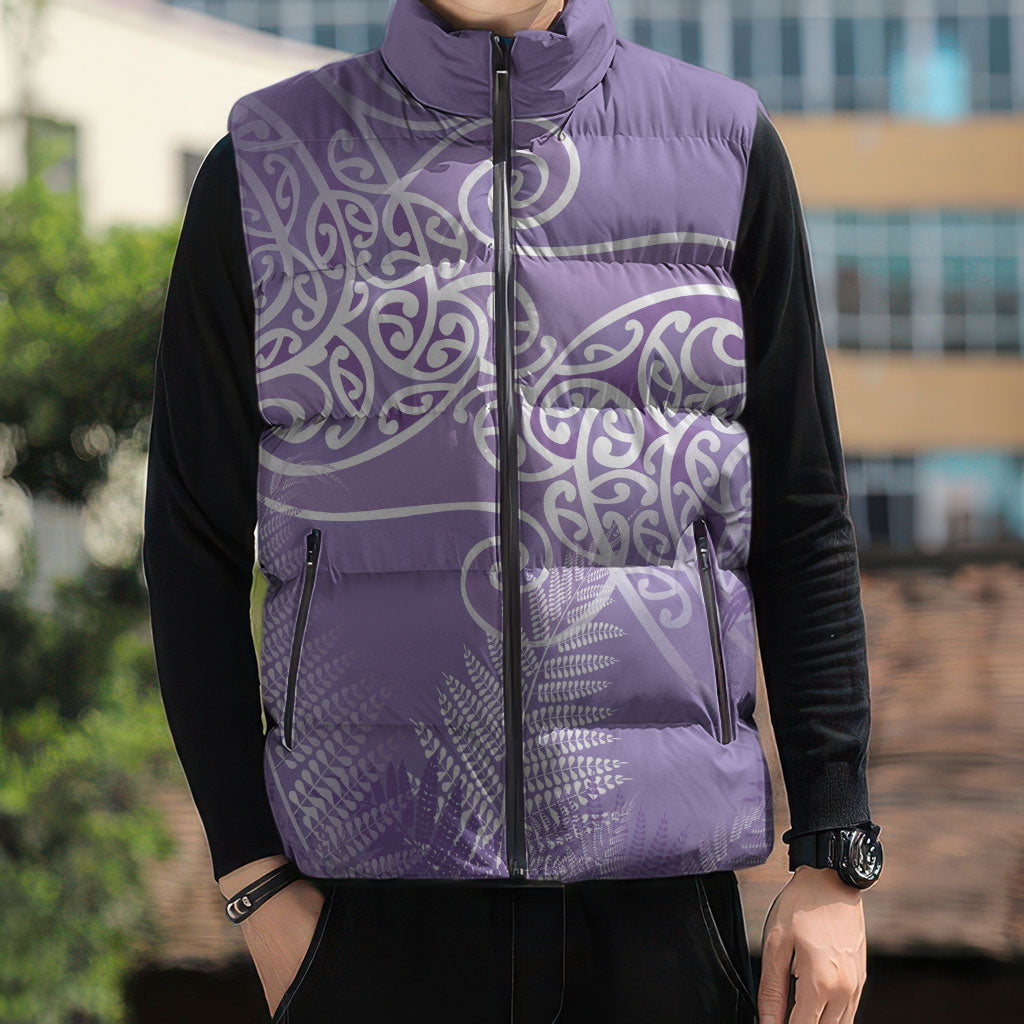 Aotearoa Maori Koru Curves Sleeveless Puffer Jacket Silver Ferns - Amethyst
