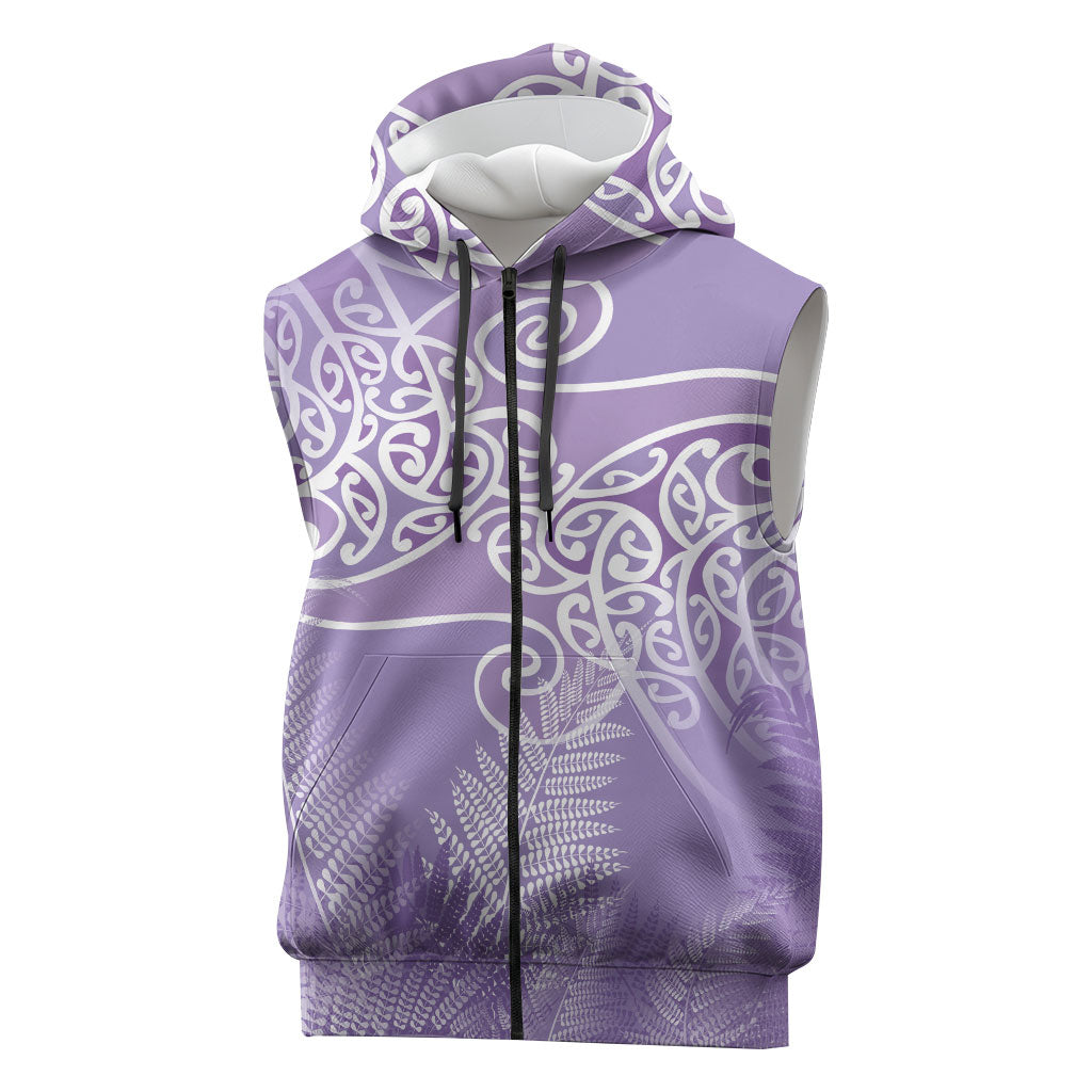 Aotearoa Maori Koru Curves Sleeveless Zip Hoodie Silver Ferns - Amethyst