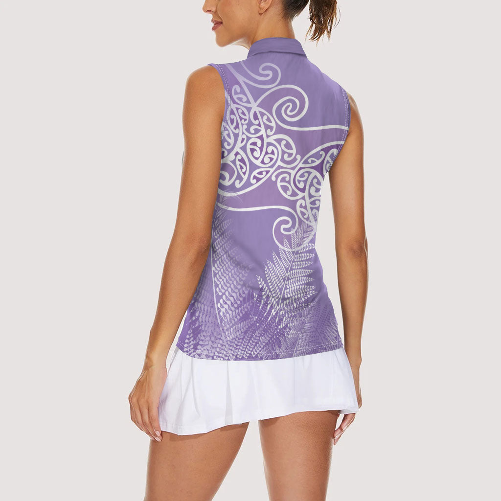 Aotearoa Maori Koru Curves Women Sleeveless Polo Shirt Silver Ferns - Amethyst