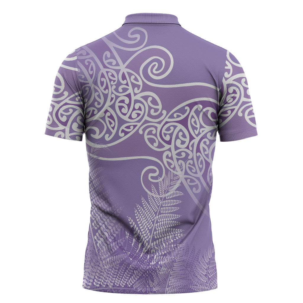 Aotearoa Maori Koru Curves Zipper Polo Shirt Silver Ferns - Amethyst