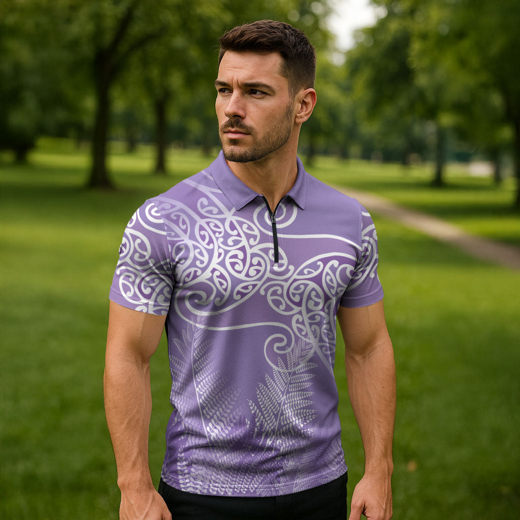 Aotearoa Maori Koru Curves Zipper Polo Shirt Silver Ferns - Amethyst