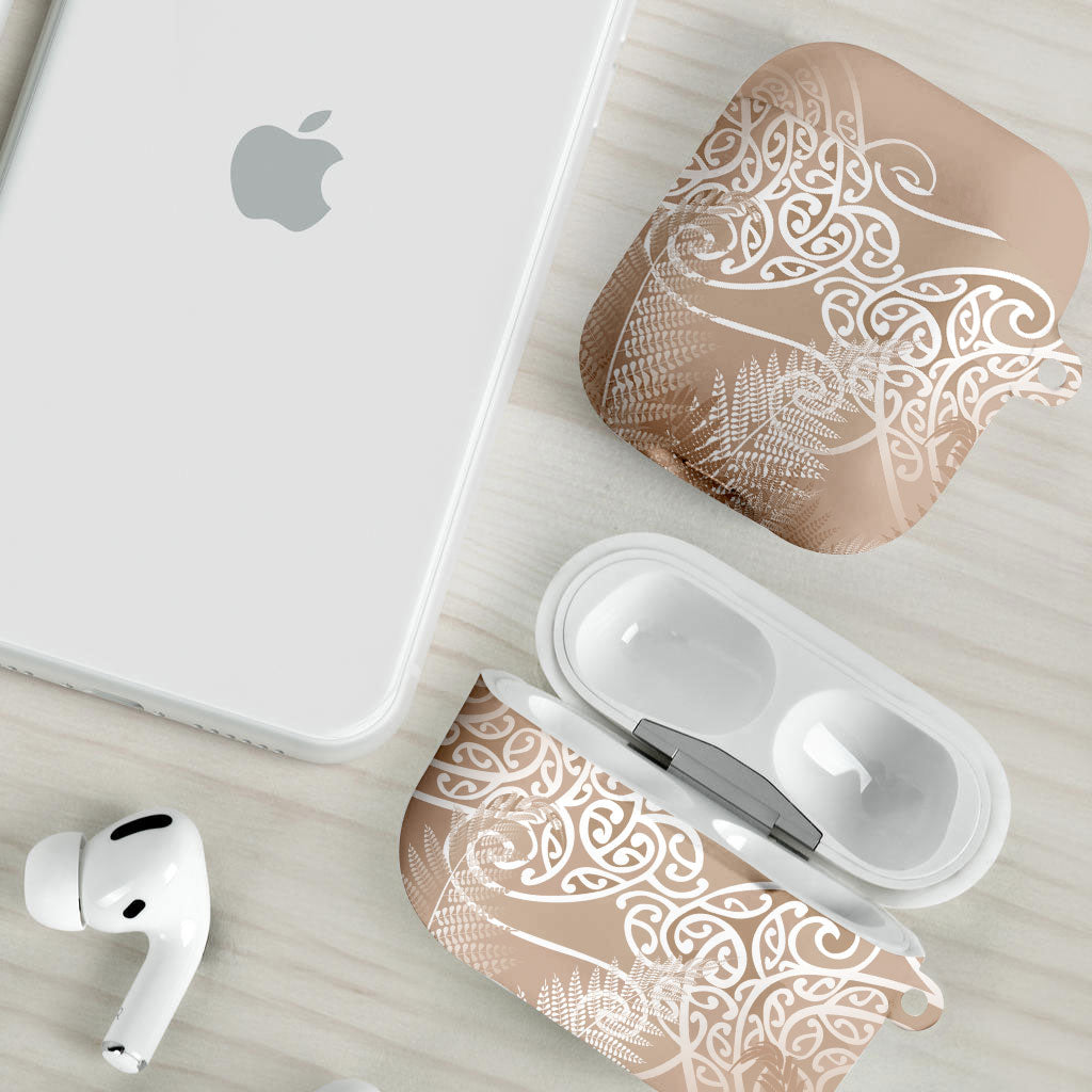 Aotearoa Maori Koru Curves AirPods Case Silver Ferns - Mocha LT7 - Polynesian Pride