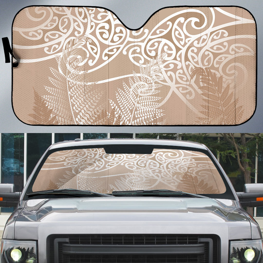 Aotearoa Maori Koru Curves Auto Sun Shade Silver Ferns - Mocha
