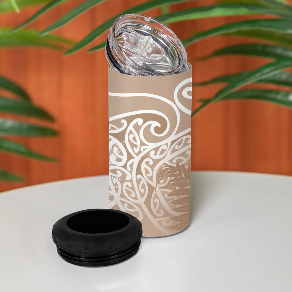 Aotearoa Maori Koru Curves 4 in 1 Can Cooler Tumbler Silver Ferns - Mocha
