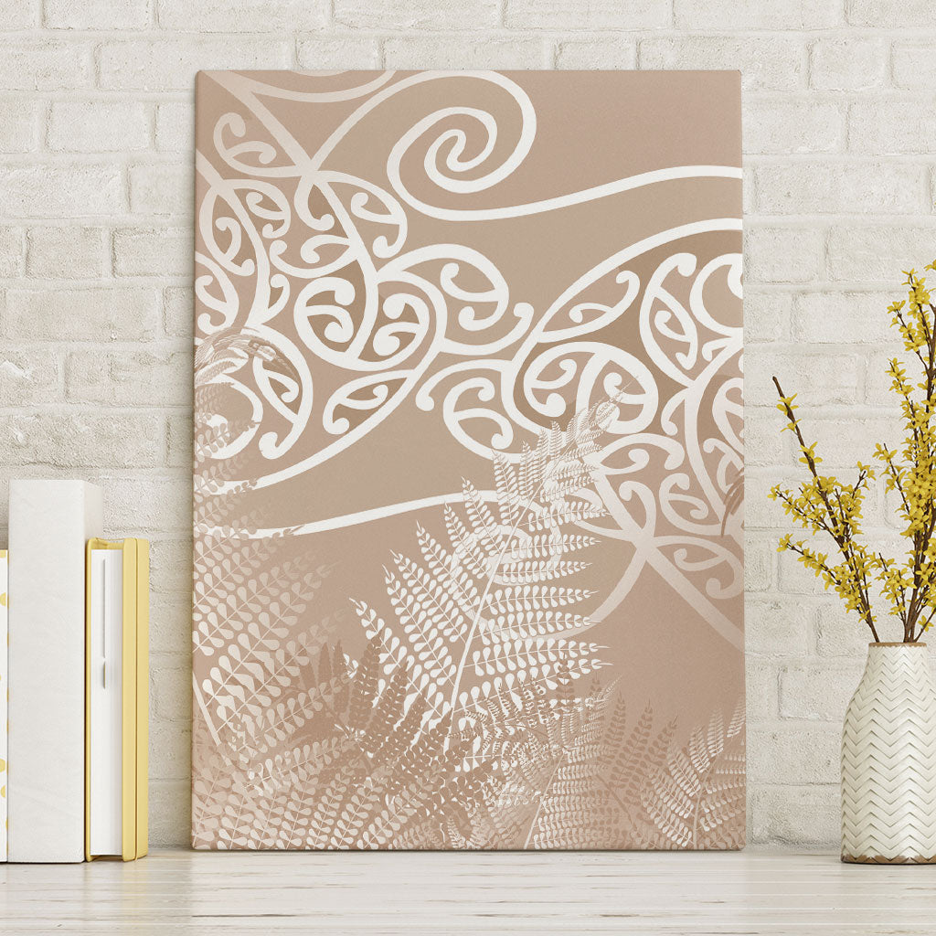 Aotearoa Maori Koru Curves Canvas Wall Art Silver Ferns - Mocha