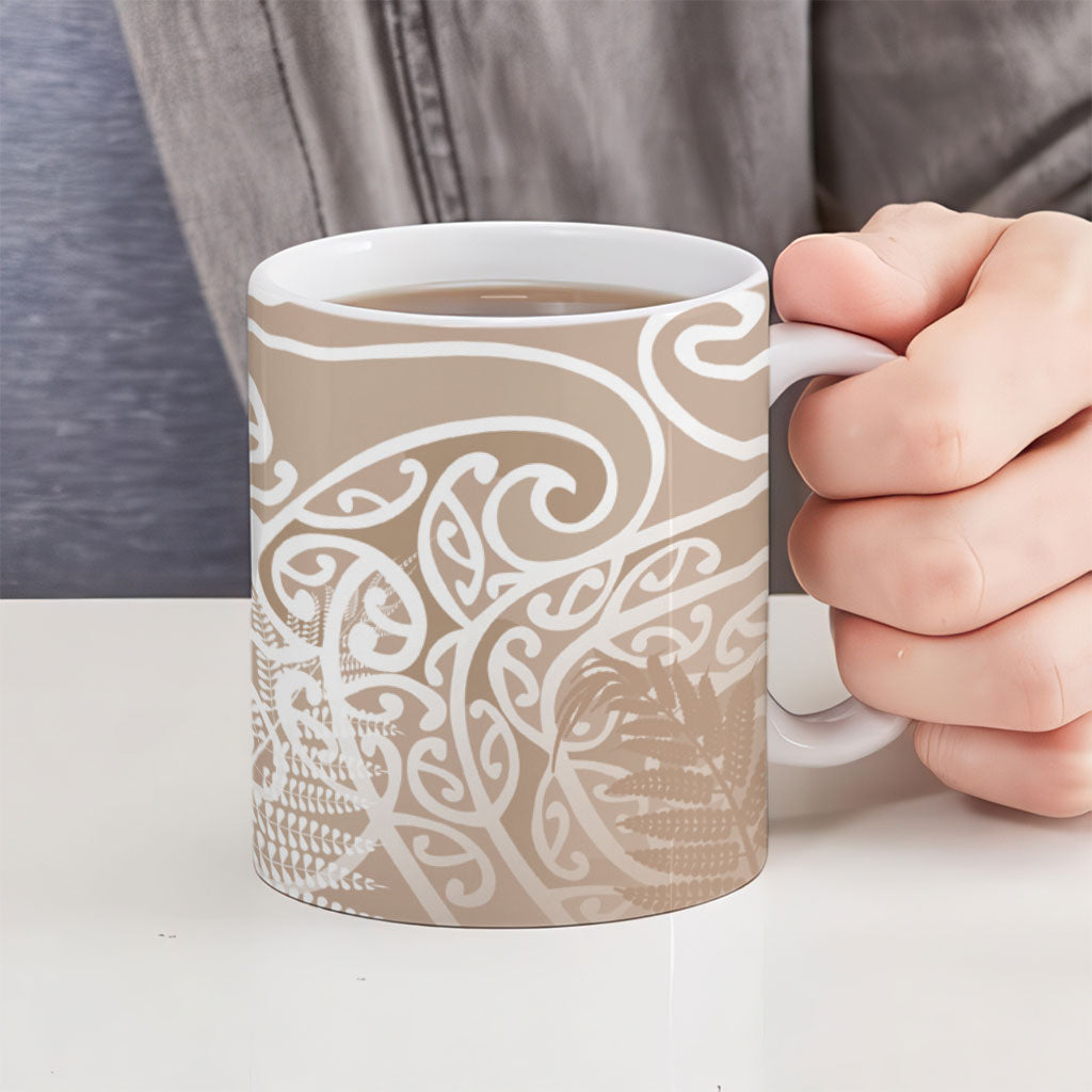 Aotearoa Maori Koru Curves Ceramic Mug Silver Ferns - Mocha