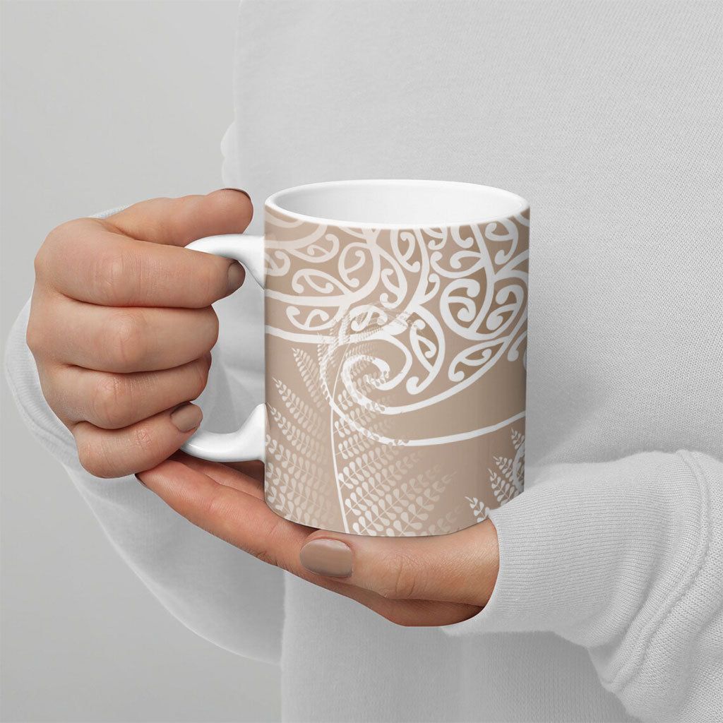 Aotearoa Maori Koru Curves Ceramic Mug Silver Ferns - Mocha