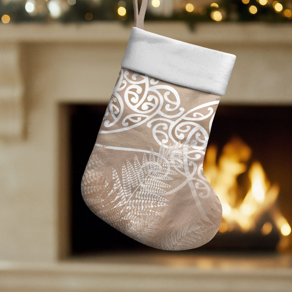 Aotearoa Maori Koru Curves Christmas Stocking Silver Ferns - Mocha LT7 Set of 2 Beige - Polynesian Pride