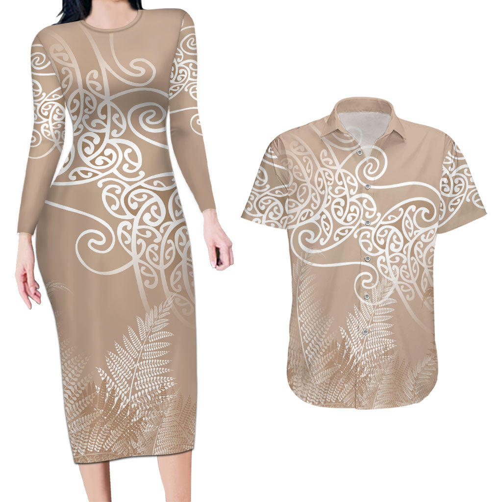 Aotearoa Maori Koru Curves Couples Matching Long Sleeve Bodycon Dress and Hawaiian Shirt Silver Ferns - Mocha LT7 Beige - Polynesian Pride
