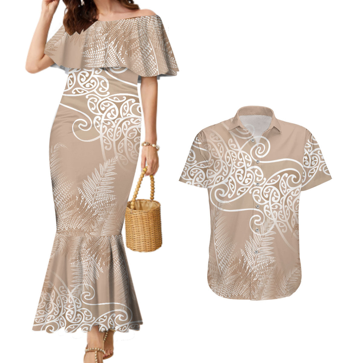 Aotearoa Maori Koru Curves Couples Matching Mermaid Dress and Hawaiian Shirt Silver Ferns - Mocha LT7 Beige - Polynesian Pride