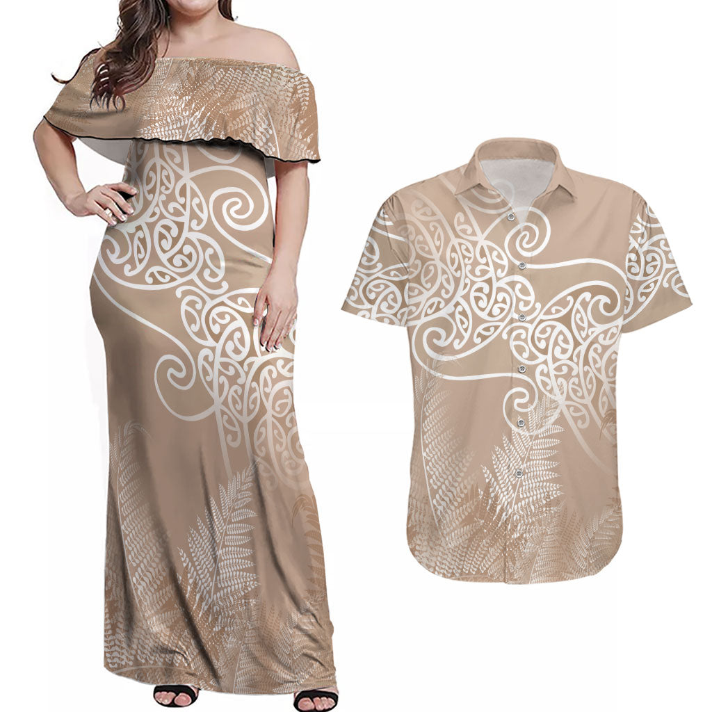 Aotearoa Maori Koru Curves Couples Matching Off Shoulder Maxi Dress and Hawaiian Shirt Silver Ferns - Mocha LT7 Beige - Polynesian Pride