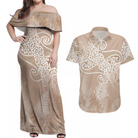 Aotearoa Maori Koru Curves Couples Matching Off Shoulder Maxi Dress and Hawaiian Shirt Silver Ferns - Mocha LT7 Beige - Polynesian Pride