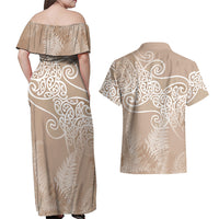 Aotearoa Maori Koru Curves Couples Matching Off Shoulder Maxi Dress and Hawaiian Shirt Silver Ferns - Mocha LT7 - Polynesian Pride