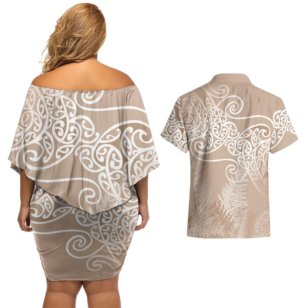 Aotearoa Maori Koru Curves Couples Matching Off Shoulder Short Dress and Hawaiian Shirt Silver Ferns - Mocha LT7 - Polynesian Pride