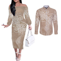 Aotearoa Maori Koru Curves Couples Matching Off The Shoulder Long Sleeve Dress and Long Sleeve Button Shirt Silver Ferns - Mocha LT7 Beige - Polynesian Pride