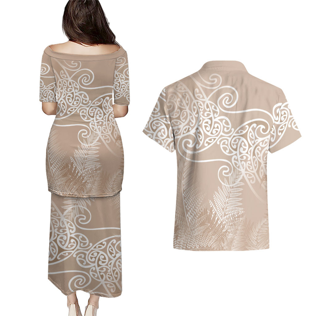 Aotearoa Maori Koru Curves Couples Matching Puletasi and Hawaiian Shirt Silver Ferns - Mocha