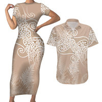 Aotearoa Maori Koru Curves Couples Matching Short Sleeve Bodycon Dress and Hawaiian Shirt Silver Ferns - Mocha LT7 Beige - Polynesian Pride