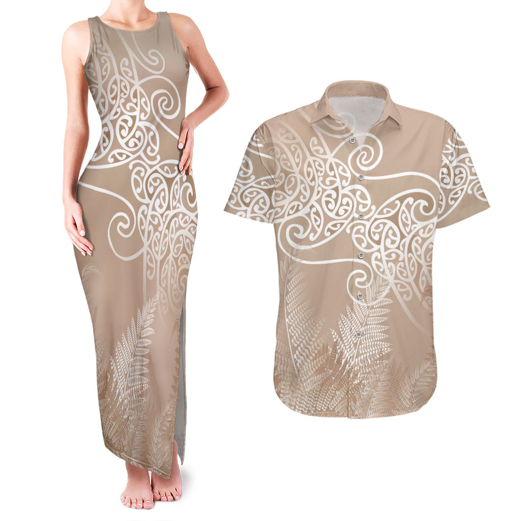 Aotearoa Maori Koru Curves Couples Matching Tank Maxi Dress and Hawaiian Shirt Silver Ferns - Mocha LT7 Beige - Polynesian Pride