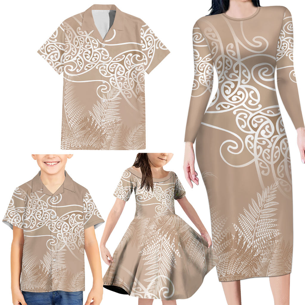 Aotearoa Maori Koru Curves Family Matching Long Sleeve Bodycon Dress and Hawaiian Shirt Silver Ferns - Mocha LT7 - Polynesian Pride