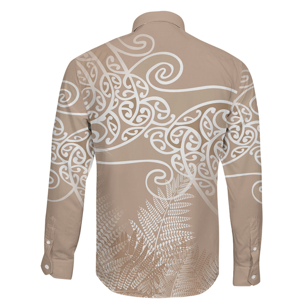 Aotearoa Maori Koru Curves Family Matching Long Sleeve Bodycon Dress and Hawaiian Shirt Silver Ferns - Mocha LT7 - Polynesian Pride