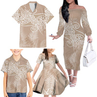 Aotearoa Maori Koru Curves Family Matching Off The Shoulder Long Sleeve Dress and Hawaiian Shirt Silver Ferns - Mocha LT7 - Polynesian Pride