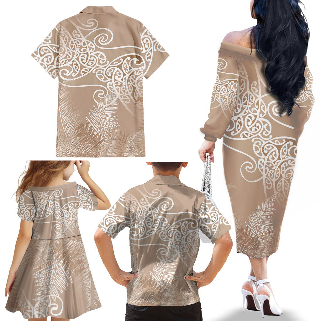 Aotearoa Maori Koru Curves Family Matching Off The Shoulder Long Sleeve Dress and Hawaiian Shirt Silver Ferns - Mocha LT7 - Polynesian Pride