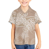 Aotearoa Maori Koru Curves Family Matching Off The Shoulder Long Sleeve Dress and Hawaiian Shirt Silver Ferns - Mocha LT7 Son's Shirt Beige - Polynesian Pride